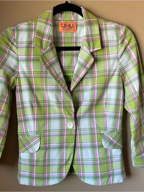 Vintage - Early 2000s - Juicy Couture Pink, Green & White Plaid Cotton Blazer
